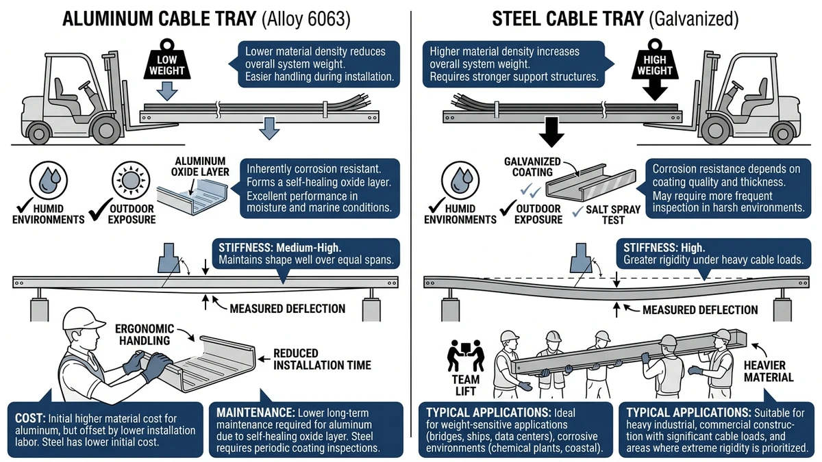 Aluminum vs steel cable tray comparison showing weight, corrosion, and structural differences