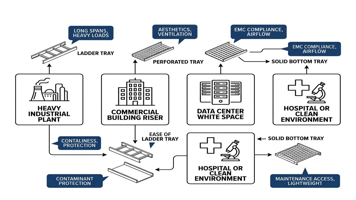 Ladder vs Perforated vs Solid Cable Tray: 2026 Selection Guide supporting image: application scenarios ladder perforated solid cable tray playbook