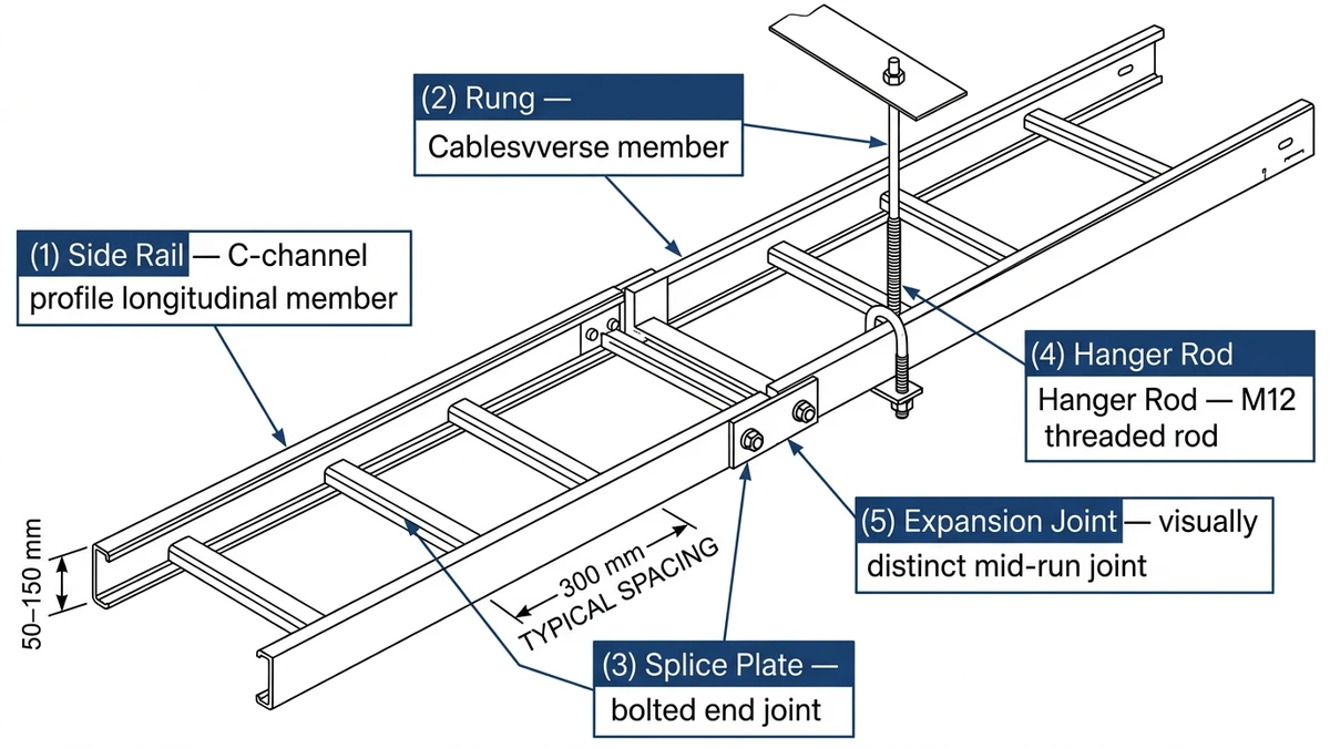 Cable ladder anatomy diagram labeling side rail rung splice plate hanger rod and expansion joint