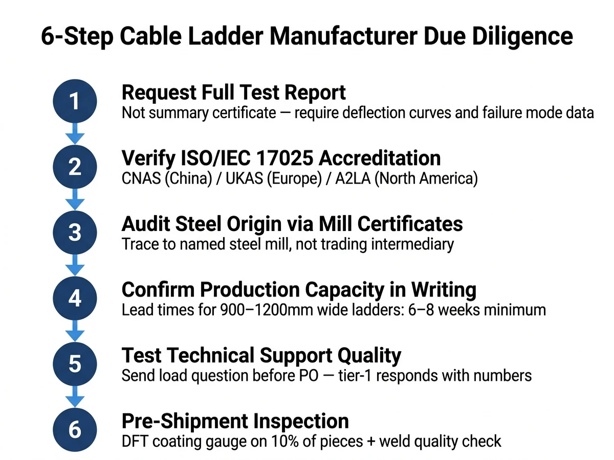 Cable Ladder Supplier Guide for 2026 Buyers | Xinma supporting image: cable ladder manufacturer evaluation 6 step due diligence 1