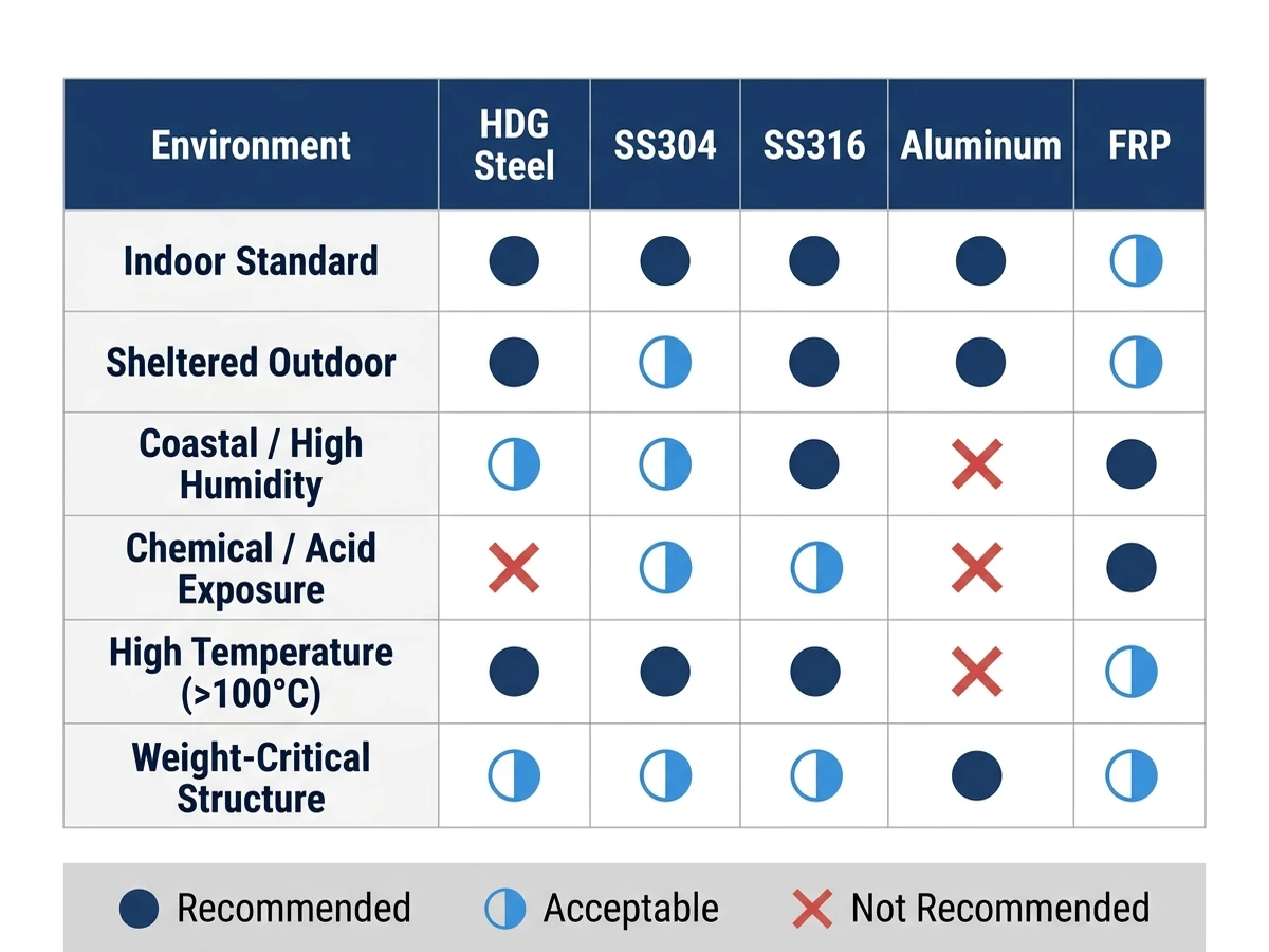 Cable ladder material selection matrix comparing HDG steel stainless steel aluminum and FRP across six environment types