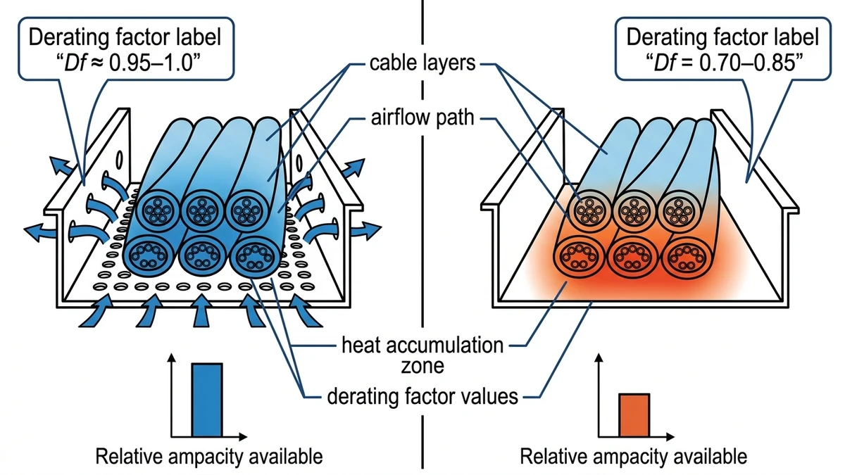 Cable tray thermal diagram showing ampacity derating factors for perforated versus solid bottom tray