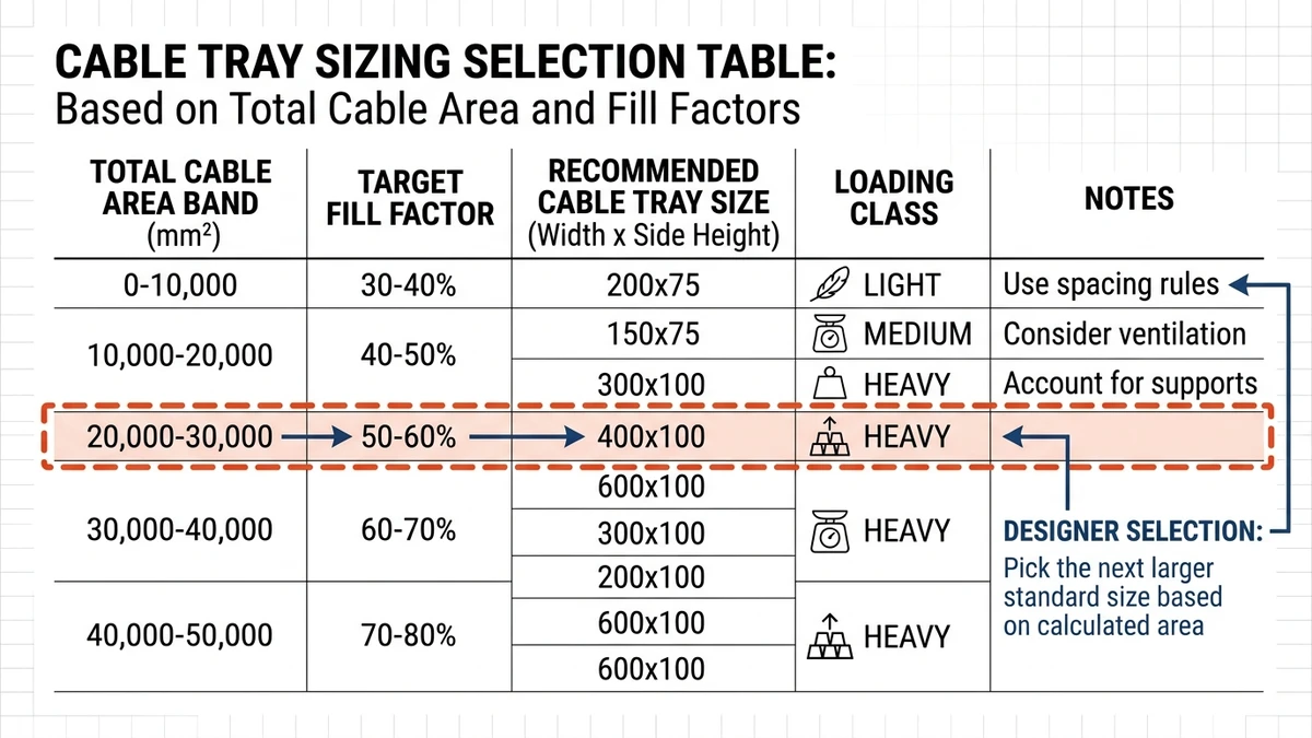 Table mapping total cable area and fill to standard cable tray widths.