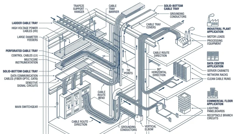 Cable tray basics illustration showing ladder, perforated, and solid-bottom trays in one system