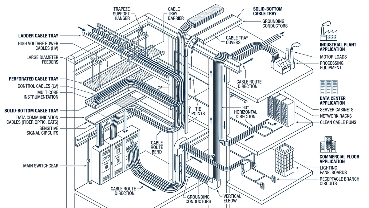 Cable tray basics illustration showing ladder, perforated, and solid-bottom trays in one system