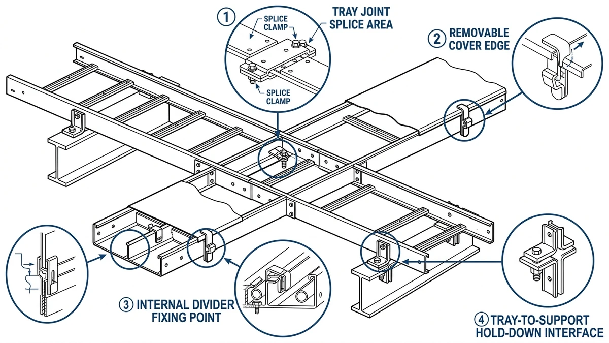 Cable tray clamps marking joint, cover, divider, and support fixing points