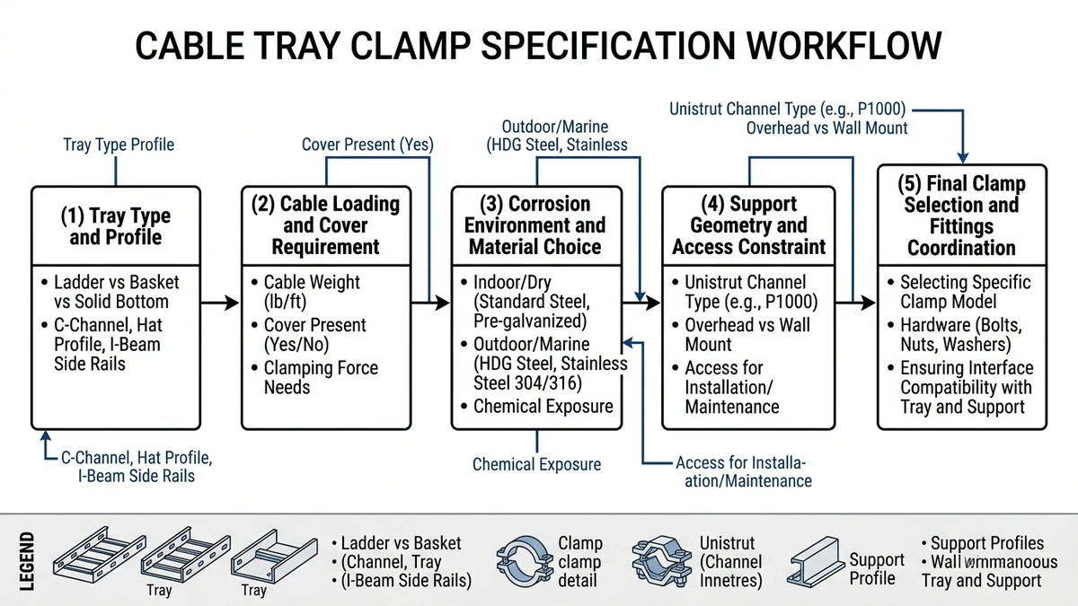 Cable tray clamp selection workflow linking loading, corrosion, access, and supports