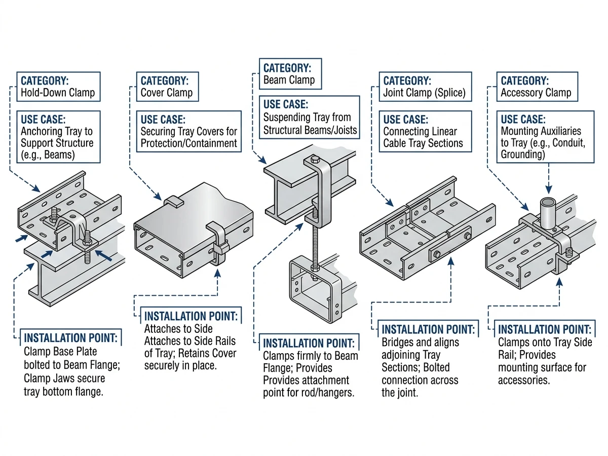 Cable tray clamp types including hold-down, cover, beam, and joint clamps