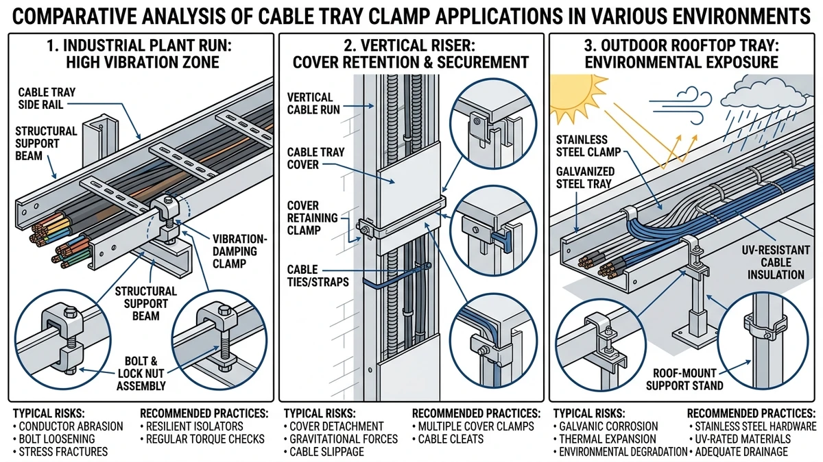 Cable tray clamps in plant, riser, and outdoor installation scenarios