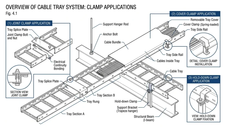 Cable tray clamps securing covers, joints, and supports in an installed tray system