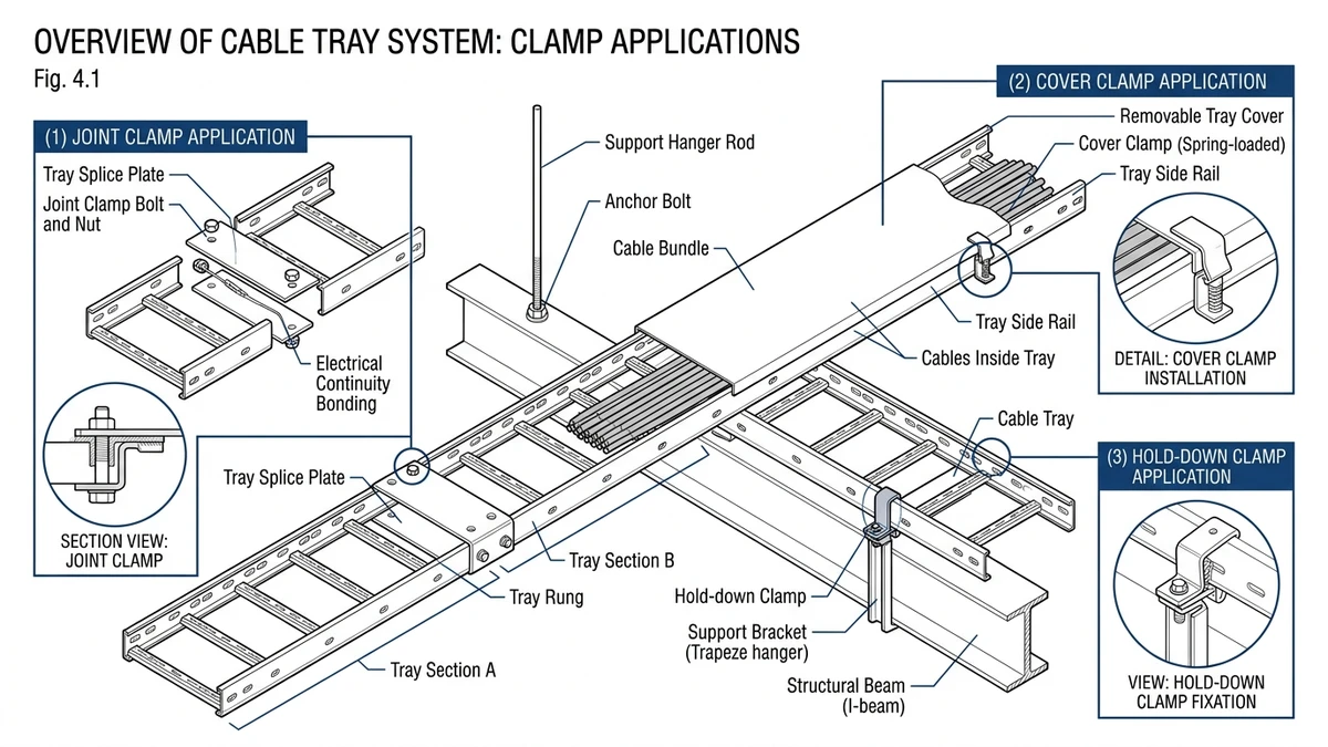 Cable tray clamps securing covers, joints, and supports in an installed tray system