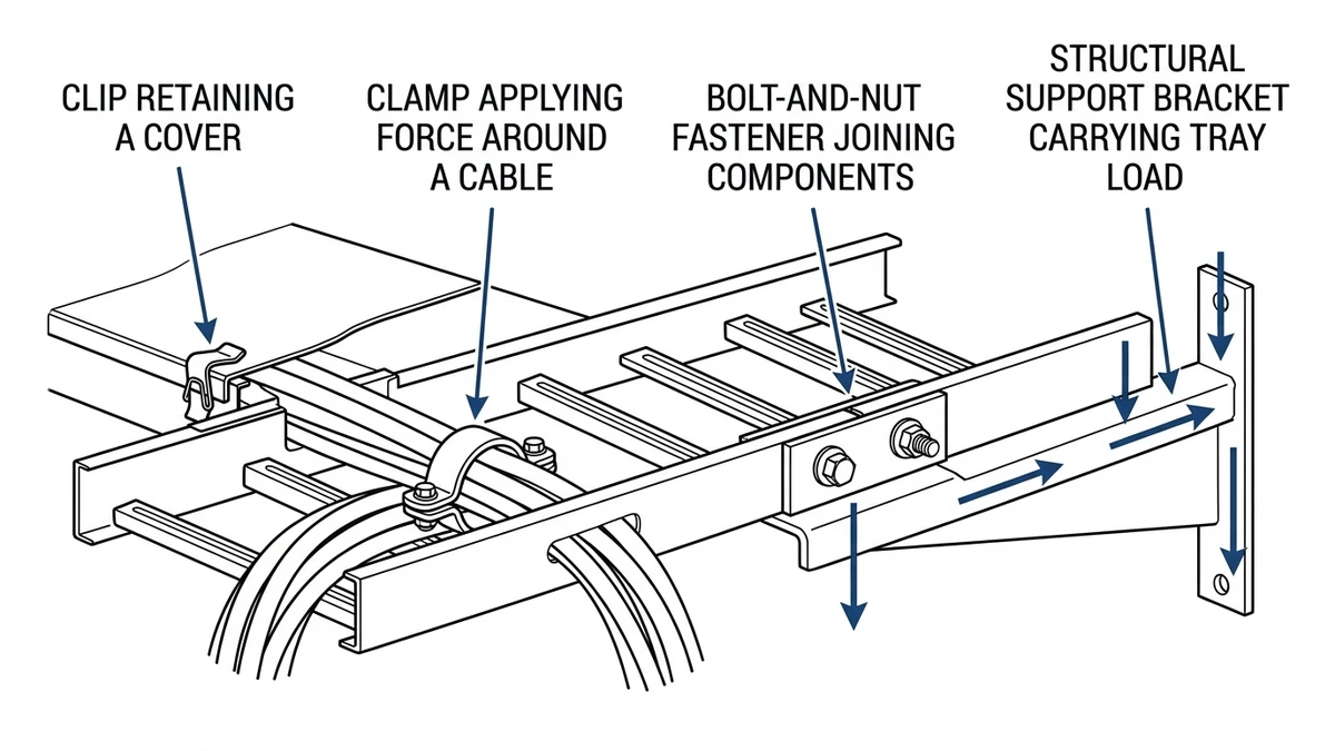 Cable tray clip comparison showing clip, clamp, fastener, and support hardware roles