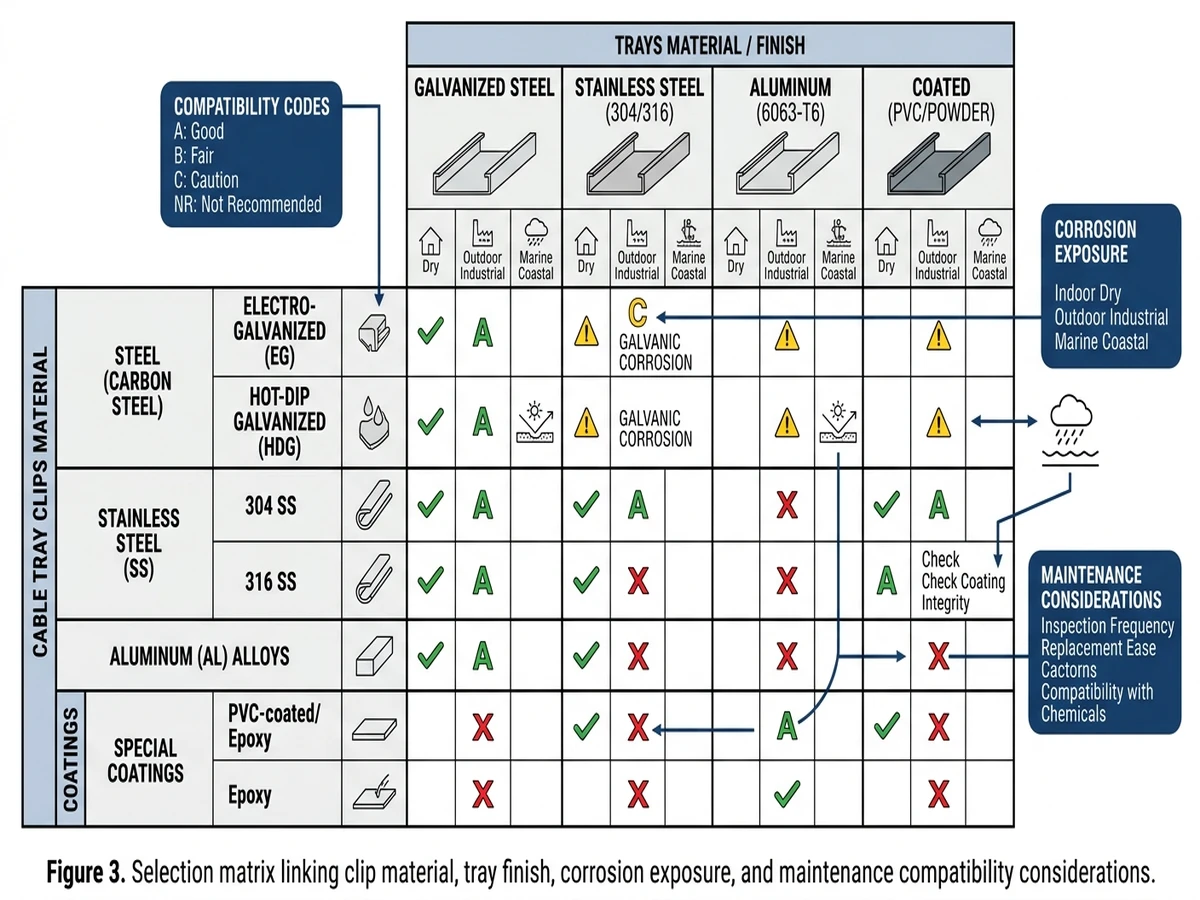 Cable tray clips material matrix for steel, stainless, aluminum, and coatings