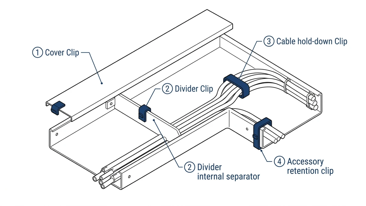 Cable tray clips by type showing cover, divider, hold-down, and accessory retention