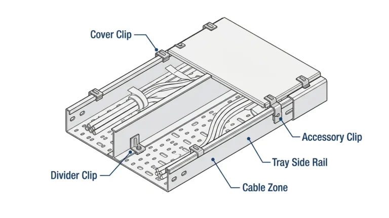 Cable tray clips securing covers, dividers, and accessories in an installation detail