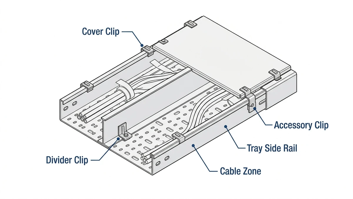Cable tray clips securing covers, dividers, and accessories in an installation detail