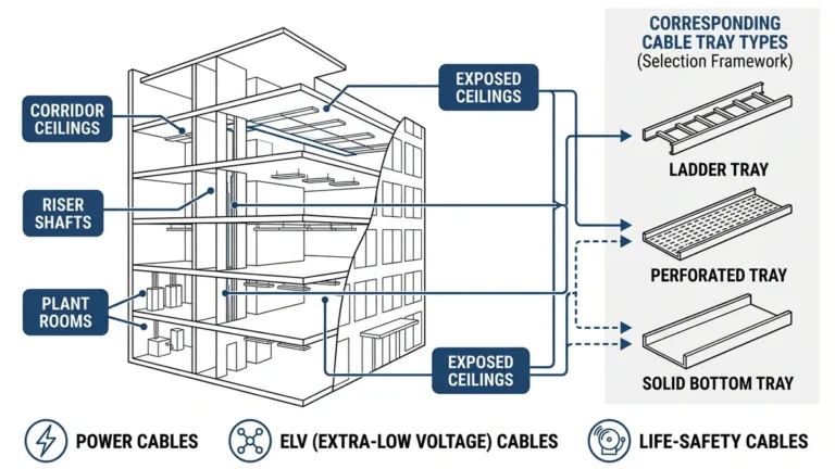 Cable tray selection framework for commercial buildings showing zones, tray types, and decision steps