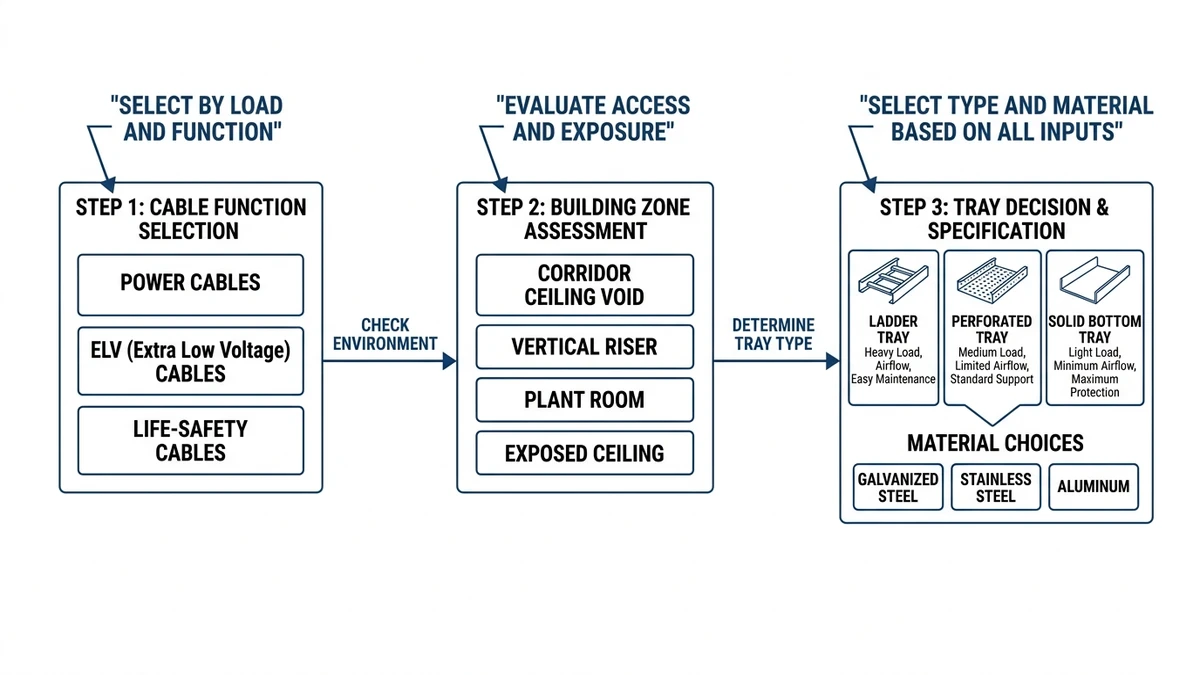 Cable tray selection flowchart linking cable function, building zone, and tray choice