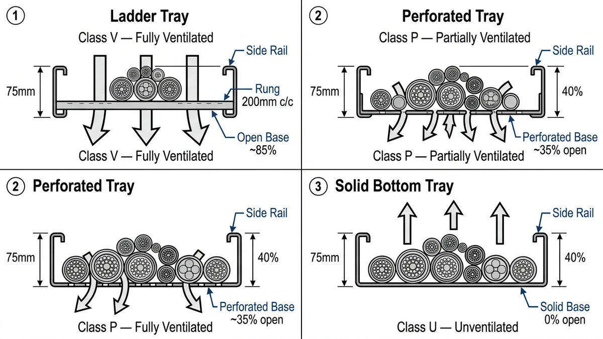 Cross-section of ladder perforated and solid cable tray showing IEC 61537 ventilation class and airflow