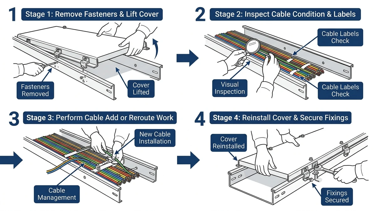 Cable tray cover maintenance workflow showing removal, inspection, cable work, and refit