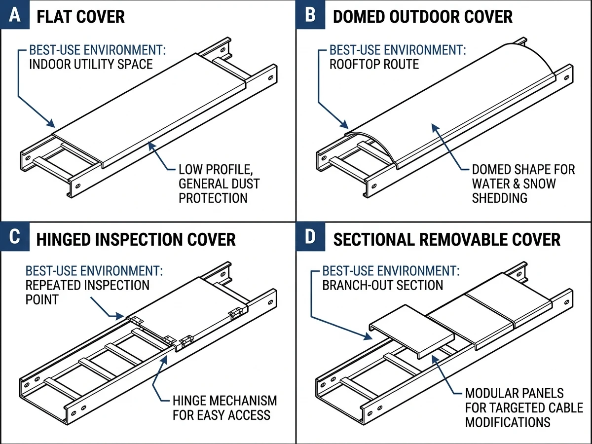 Cable tray cover types including flat, domed, hinged, and sectional removable designs