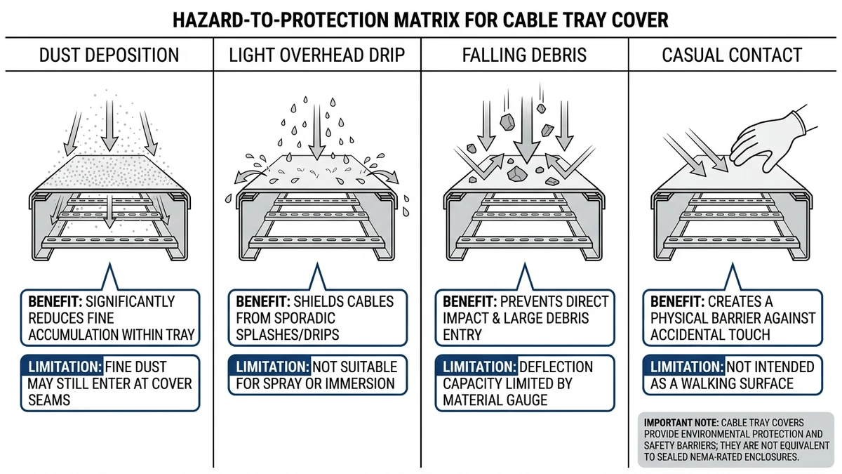 Cable tray covers hazard matrix showing dust, drip, debris, and contact protection