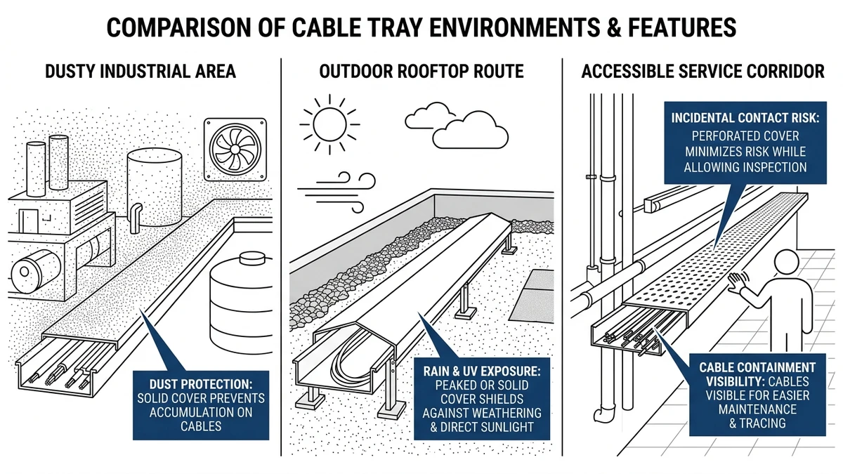 Cable tray covers protecting cables from dust, weather, and incidental contact exposure