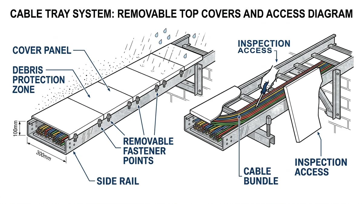 Cable tray covers illustration comparing protected tray routing and maintenance access conditions