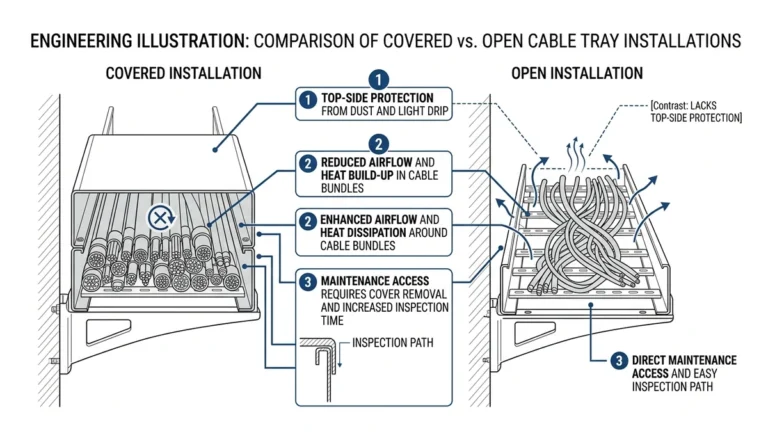 Cable tray covers comparison showing protection, heat retention, and maintenance access trade-offs