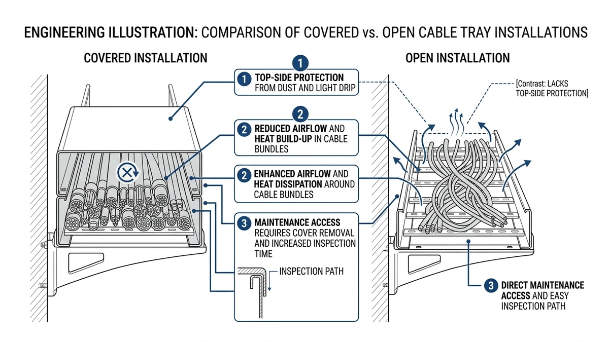 Cable tray covers comparison showing protection, heat retention, and maintenance access trade-offs