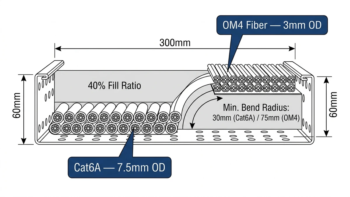 Cable tray cross-section showing Cat6A copper cables, OM4 fiber bundles, and minimum bend radius callouts