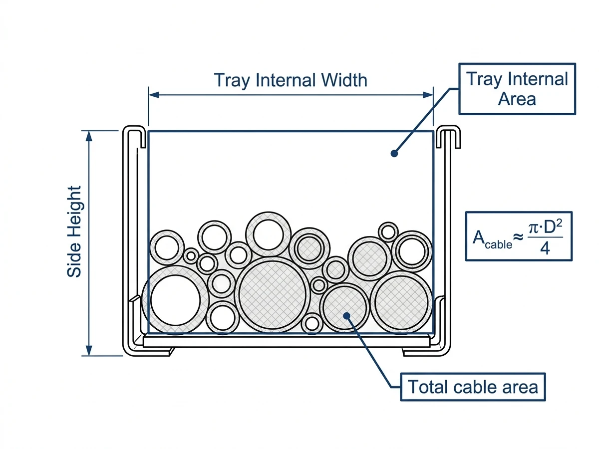 Cable tray cross-section showing internal width, side height and cable fill percentage.