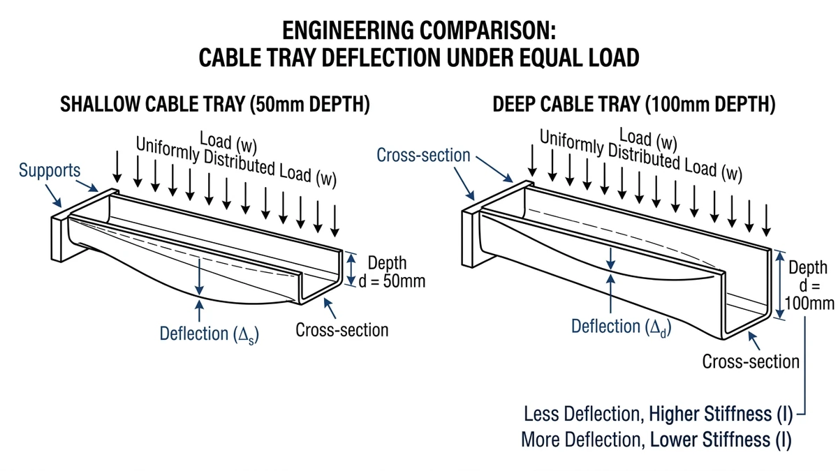 Comparison chart showing deflection vs span for shallow and deep cable trays.