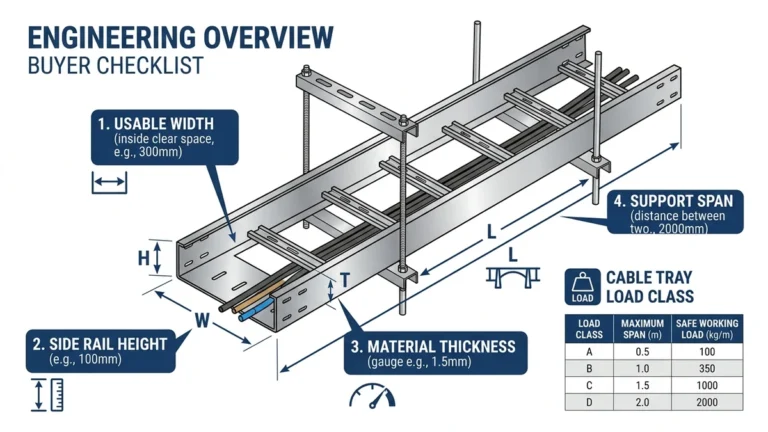 Cable tray dimensions overview diagram showing width, side height, span and load class for buyers.