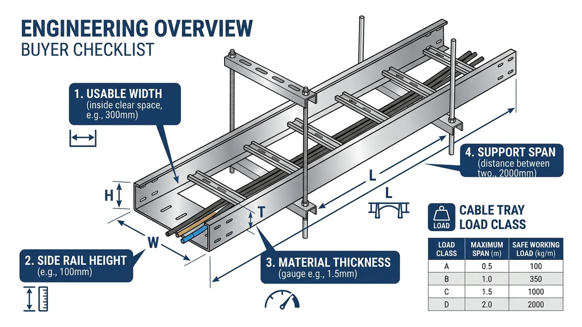 Cable tray dimensions overview diagram showing width, side height, span and load class for buyers.