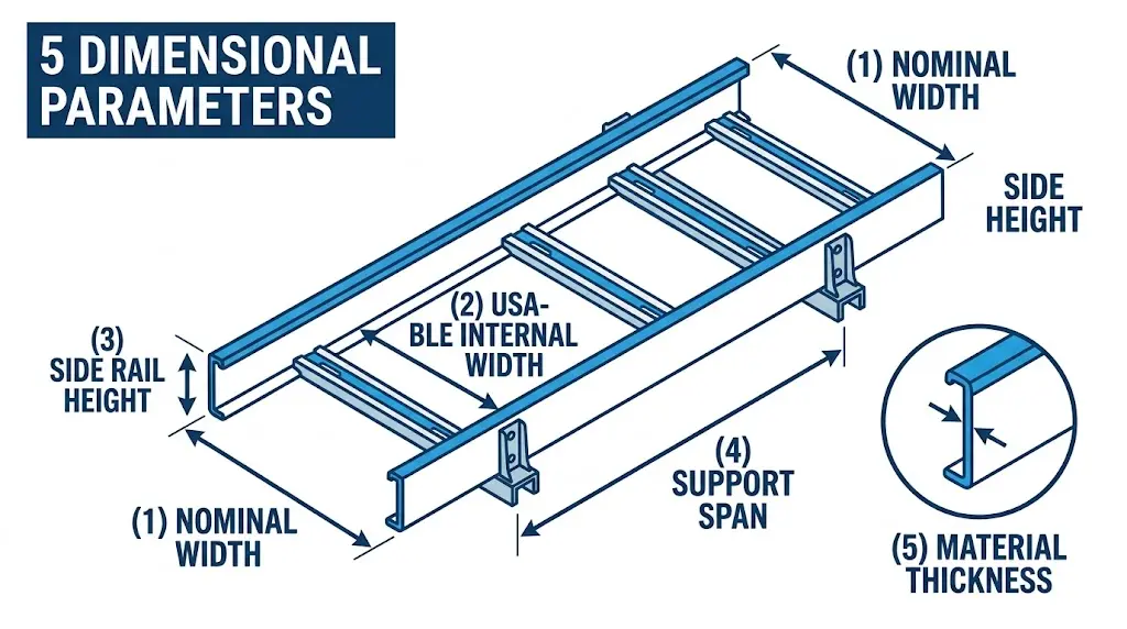 Cable tray dimensions diagram showing five key parameters: width, depth, span, thickness, and fitting compatibility