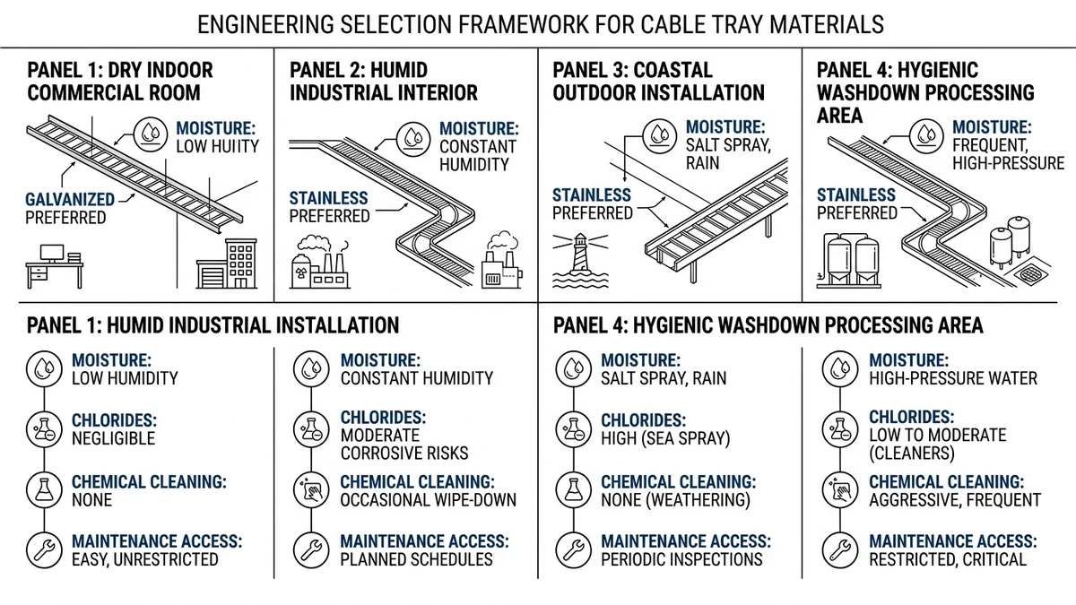Cable tray environment selection illustration for galvanized and stainless steel systems