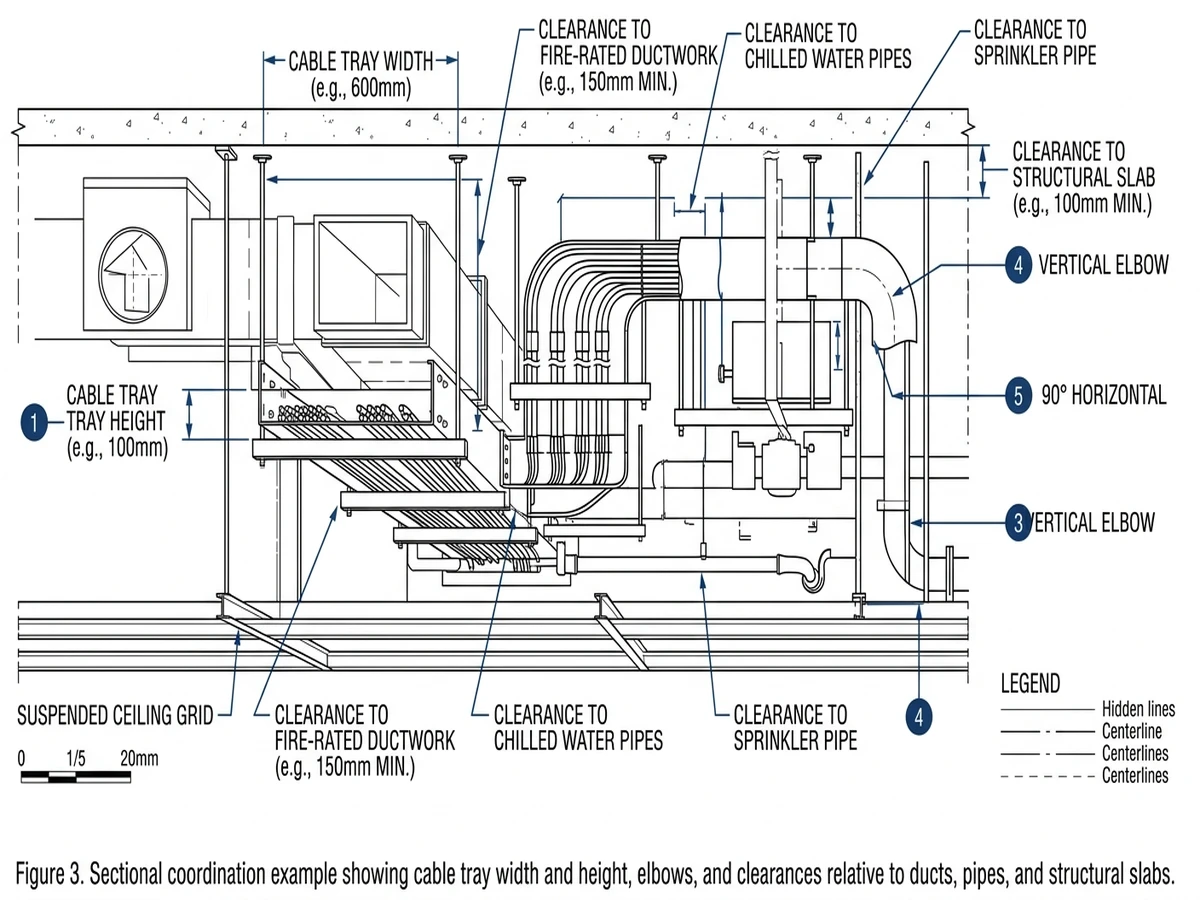 Section view of ceiling space showing cable trays, fittings, and clearances to ducts and structure.
