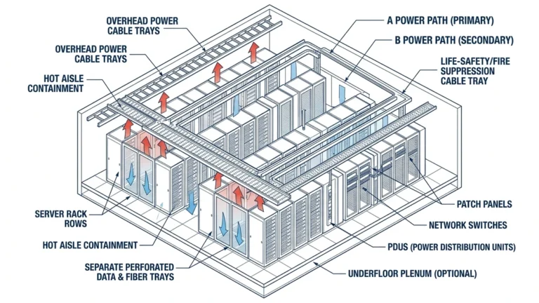 Cable tray for data centers showing overhead power and data routes above hot and cold aisles