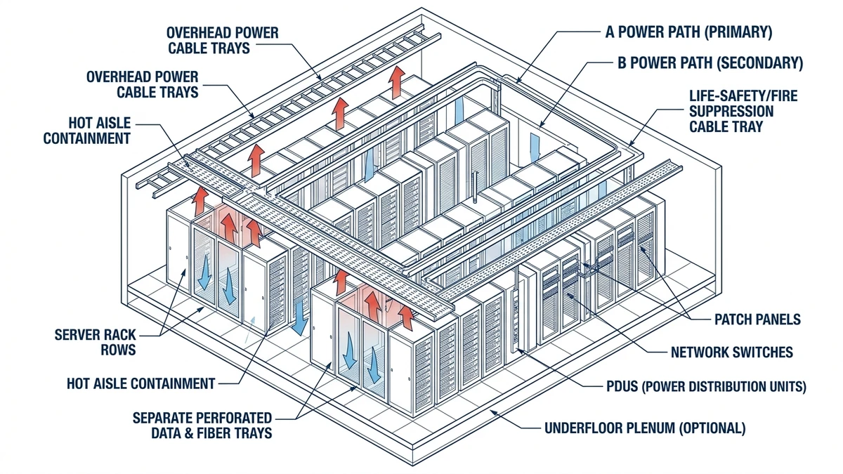 Cable tray for data centers showing overhead power and data routes above hot and cold aisles