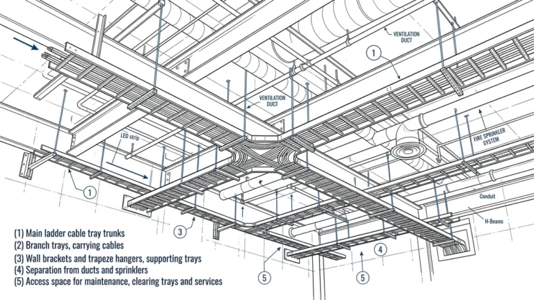 Cable tray installation overview showing routed trays, supports, and coordinated MEP services in a plant room