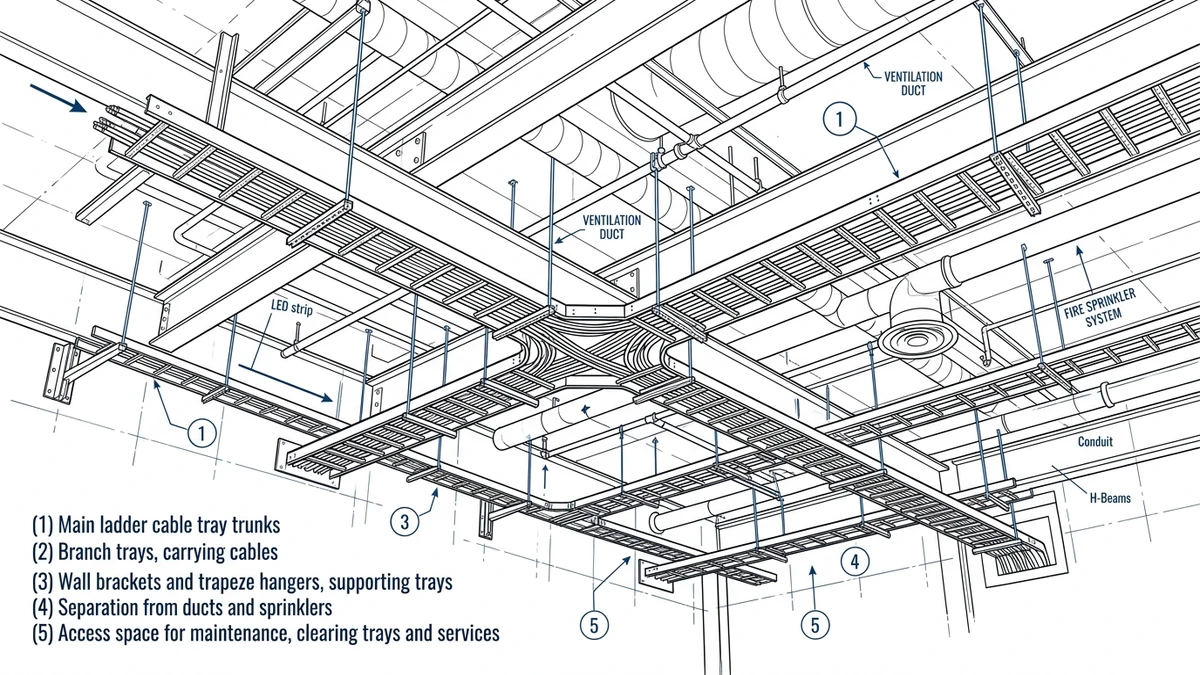 Cable tray installation overview showing routed trays, supports, and coordinated MEP services in a plant room