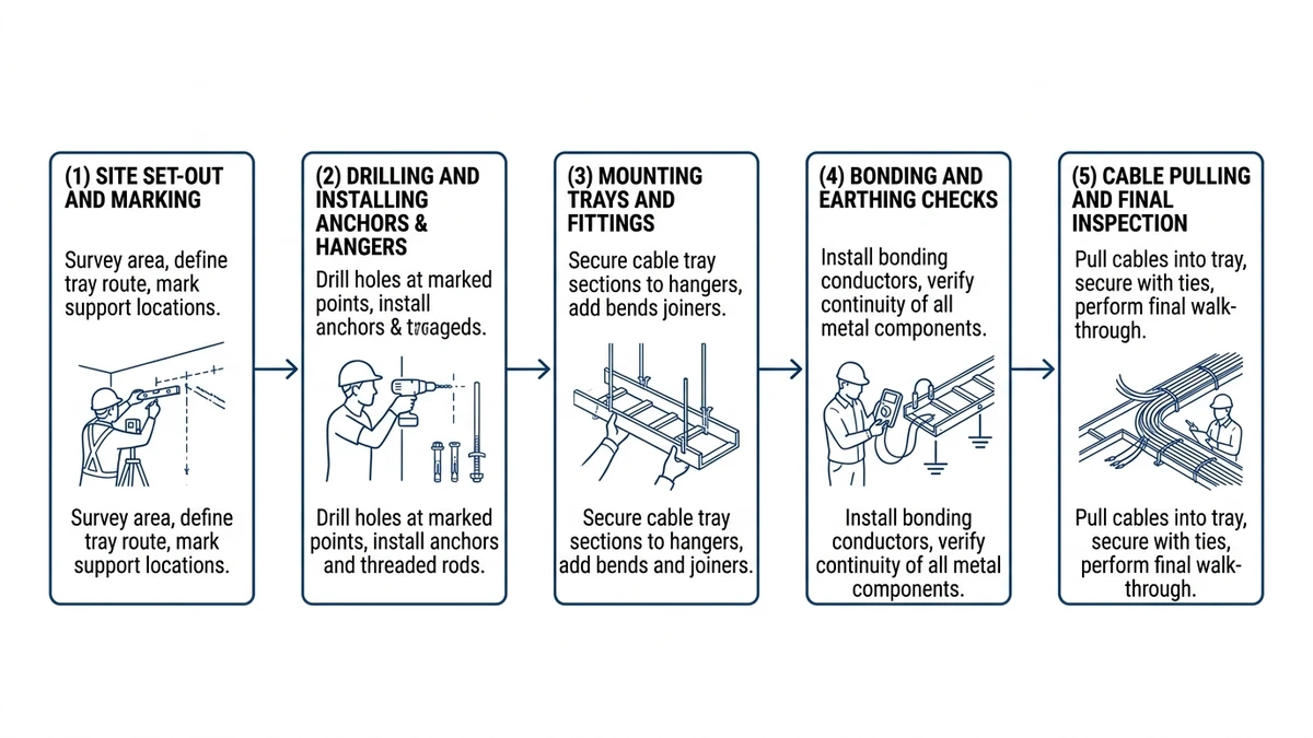 Flowchart of cable tray installation steps from marking out to cable pulling