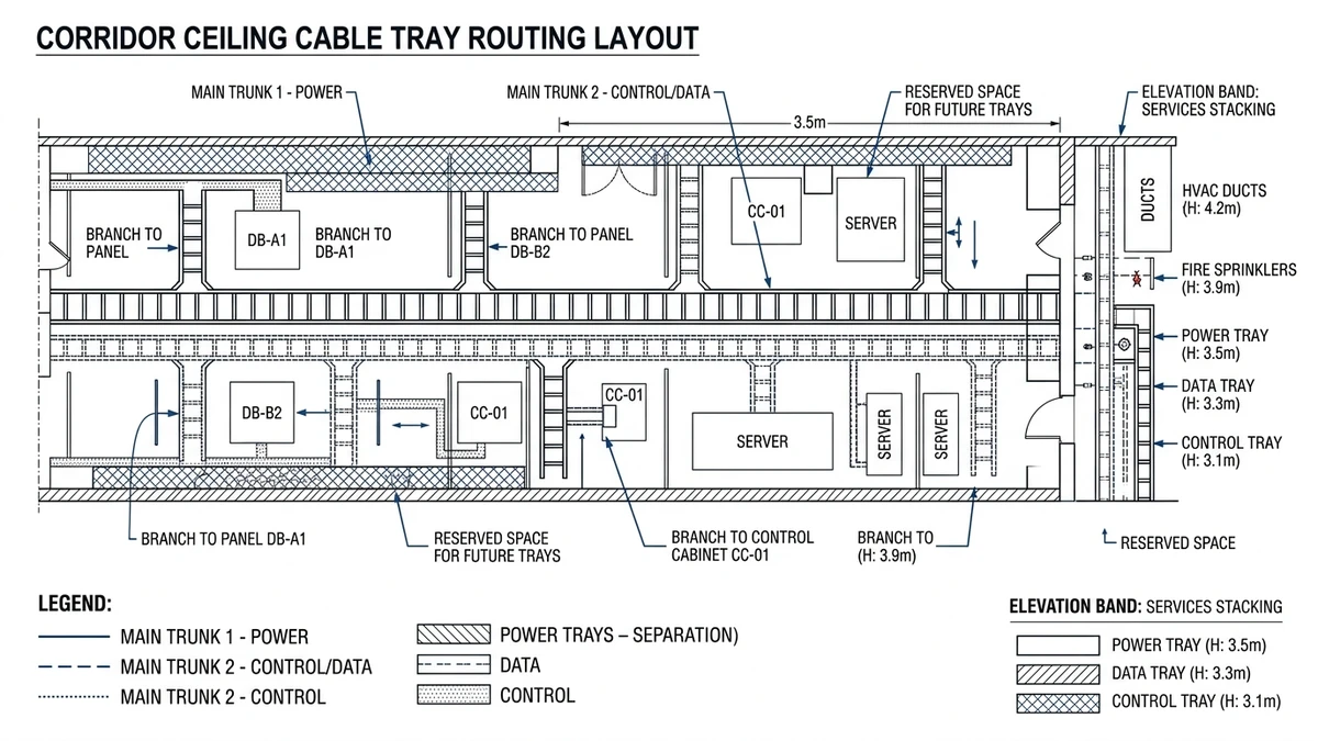 Cable tray layout plan with main trunks, branches, and segregated power and data routes