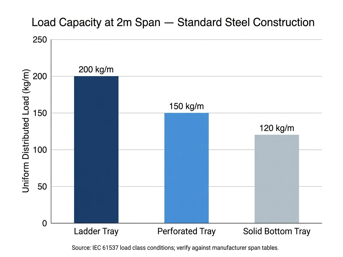 Bar chart comparing load capacity of ladder perforated and solid cable tray at 2 metre span per IEC 61537