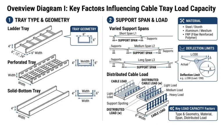 Cable tray load capacity factors showing tray type, span, material, and cable loading.
