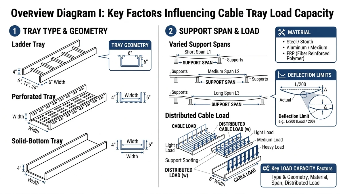 Cable tray load capacity factors showing tray type, span, material, and cable loading.
