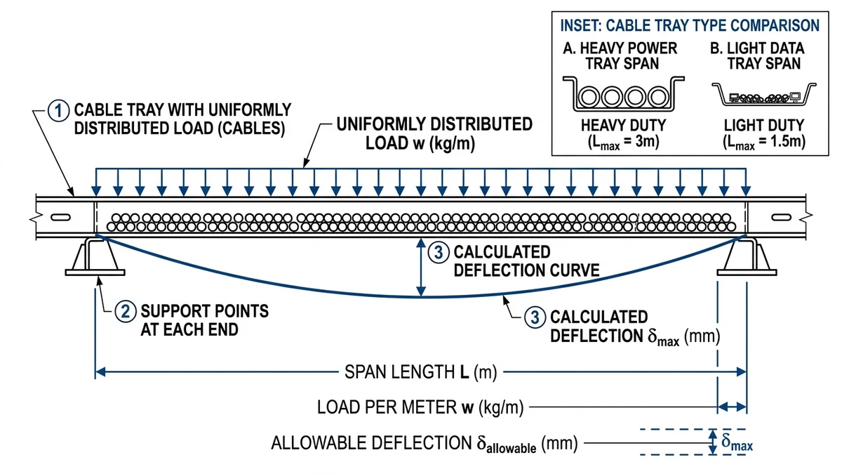 Cable tray section showing supports, distributed cable load, and deflection over span