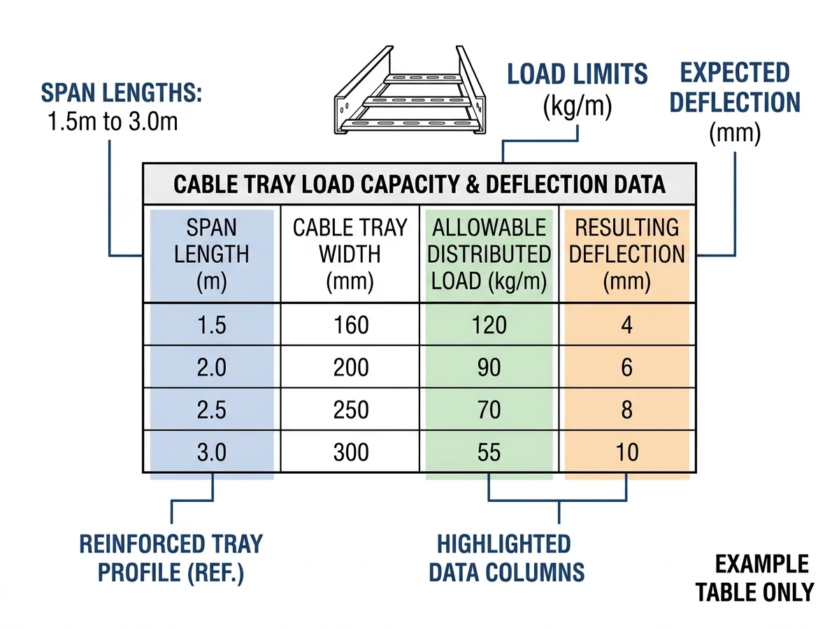 Sample cable tray load table with spans, loads, and deflection columns highlighted.