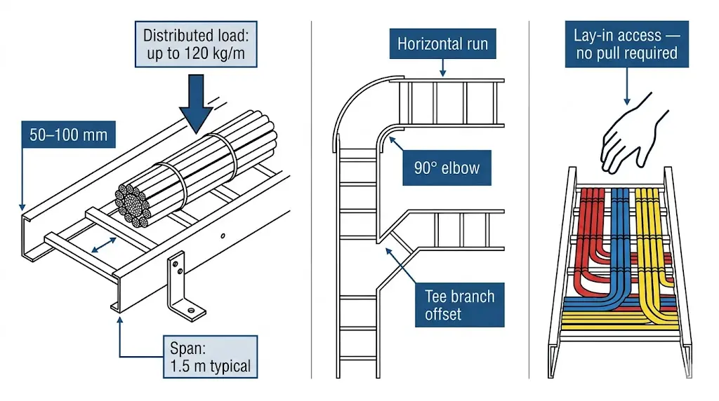 Ladder cable tray cross-section diagram showing load bearing, cable routing path, and open-top maintenance access functions